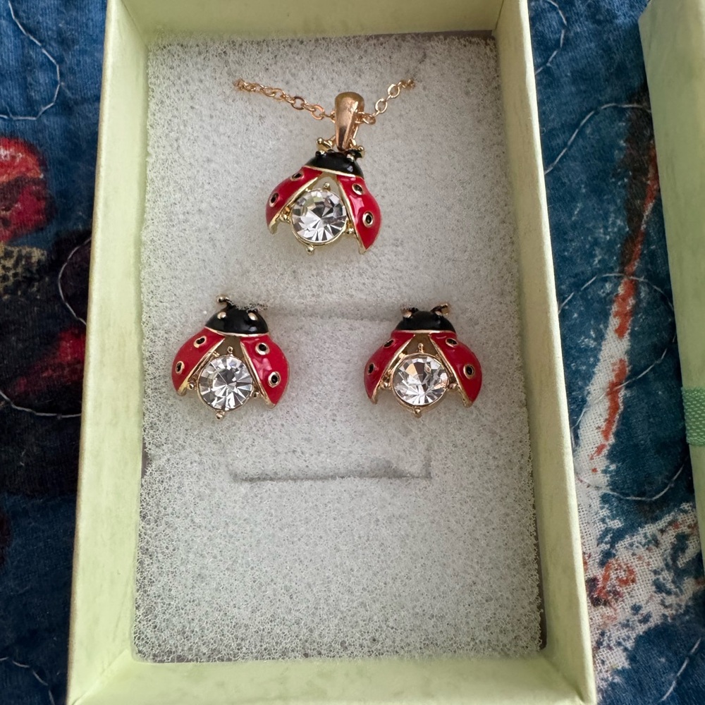 Red and Gold Ladybug Earrings with Crystal Accents